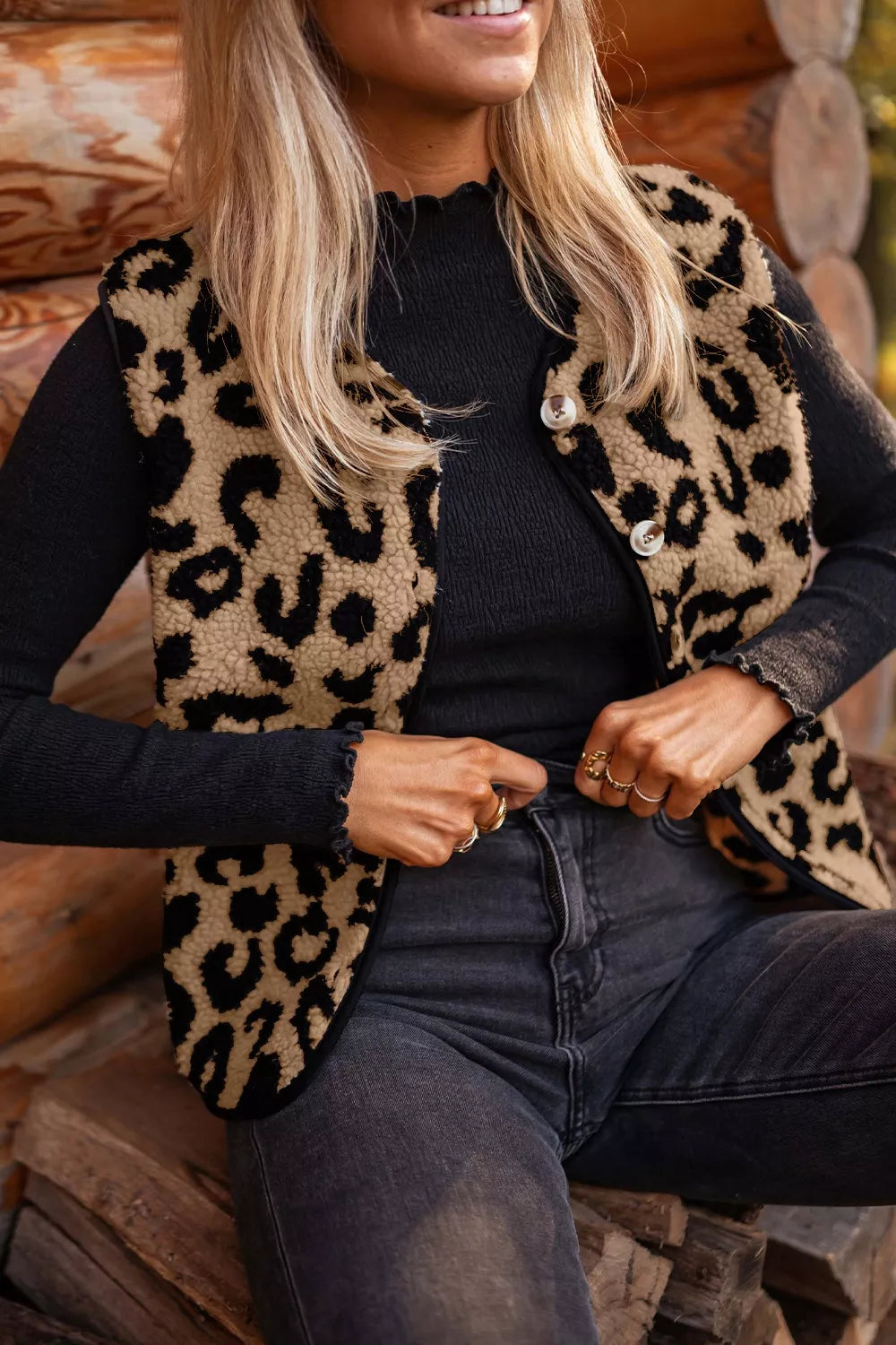 Leopard Print Sherpa Fleece Vest Coat