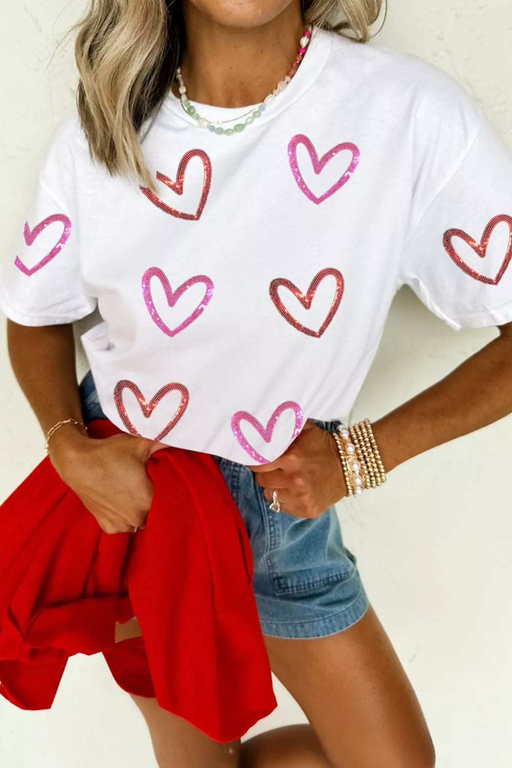 Sequin Heart Short Sleeve Casual Tee