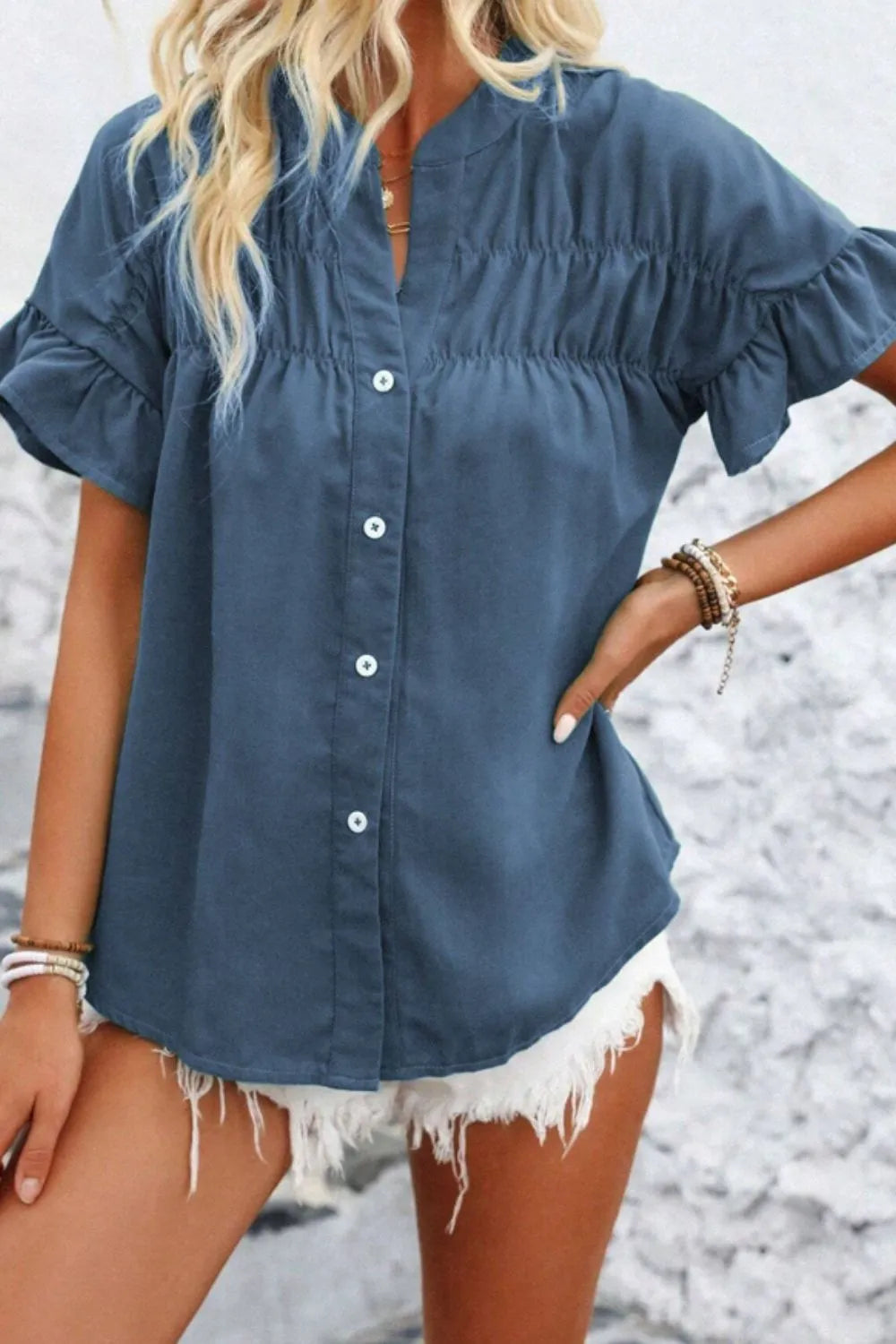 Ruffled Ruched Short Sleeve Button Down Shirt