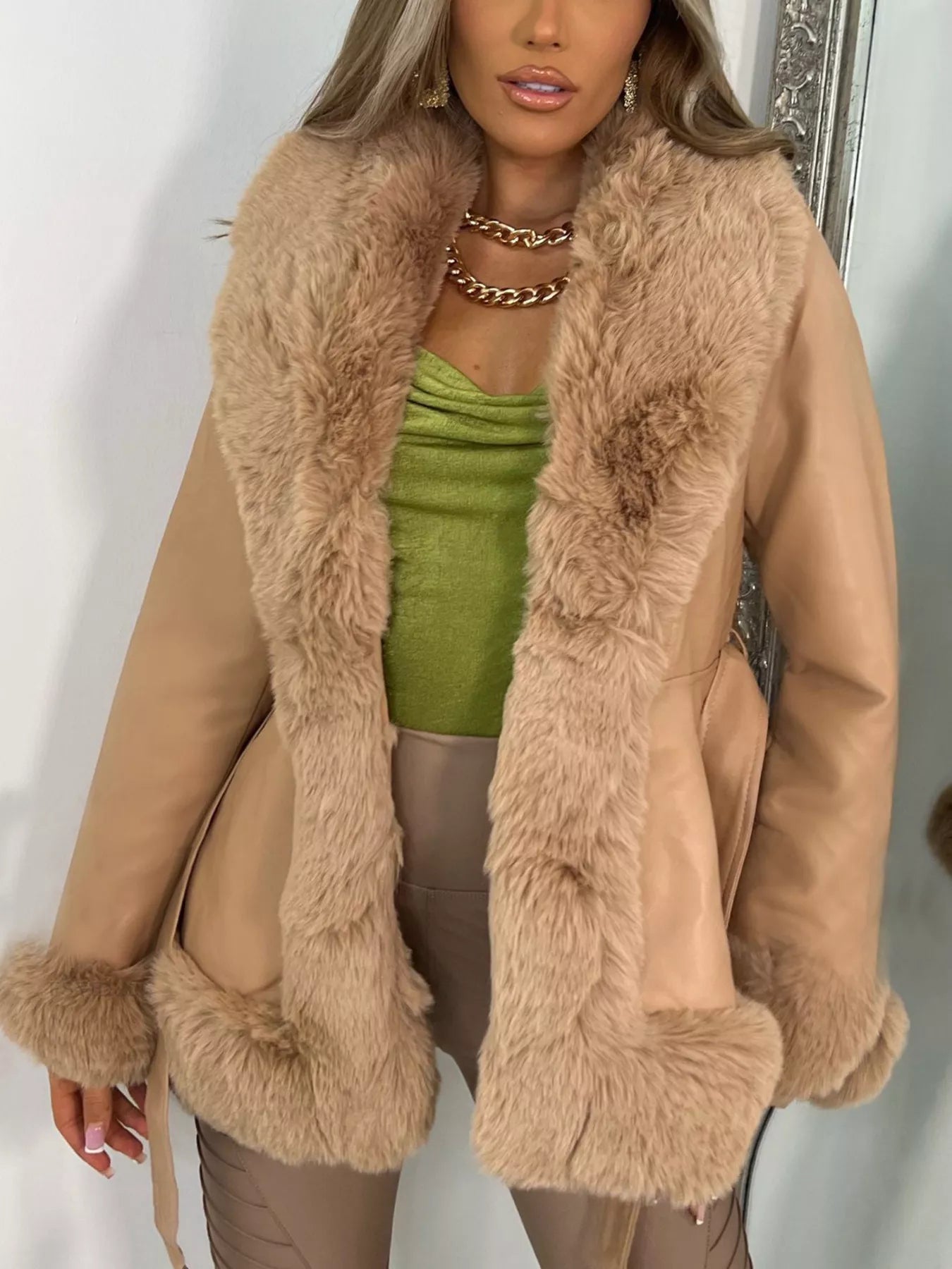 Faux Fur Trimmed Belted Outerwear